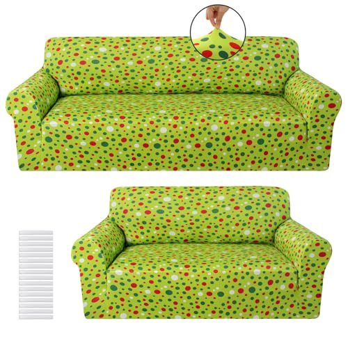 Peryiter 2 Pcs Christmas Sofa Cover Set Lime Green & Red Dots - Stretchable Milk Silk Slipcovers for Couch & Loveseat, Holiday Home Decor