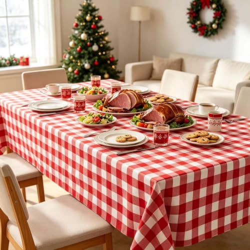 Red Checkered Plastic Tablecloth 54 x 108 Inches - 2 Pack Disposable Gingham for Parties