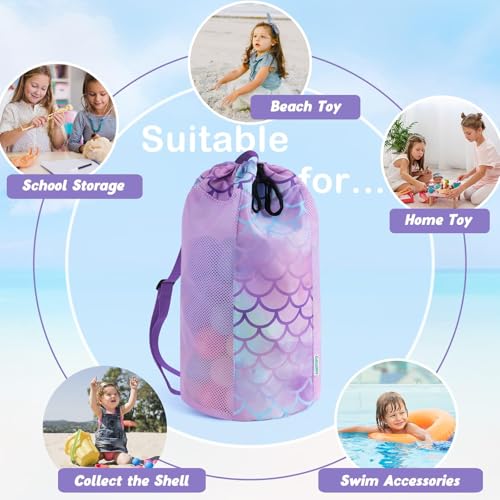 Mermaid Mesh Beach Bag for Kids, Large Drawstring Backpack for Toys & Shells