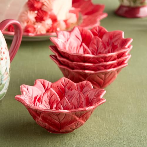 Set of 4 Christmas Poinsettia Ice Cream Bowls - Festive Holiday Ceramic Tableware