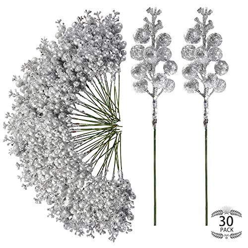 Sggvecsy Silver Christmas Glitter Berries Stems - 30 Pack Holiday Decor