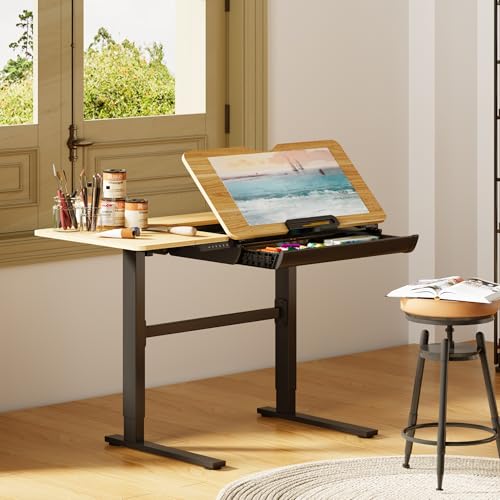 Electric Height Adjustable Drafting Table with Tilting Top and Drawer
