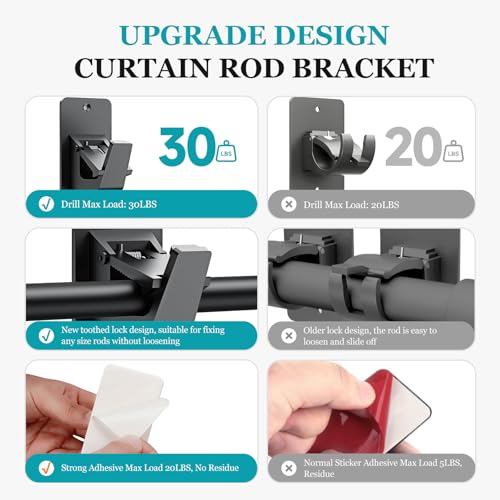 No Drill Curtain Rod Brackets - Heavy Duty Adhesive Window Rod Holders (4PC)