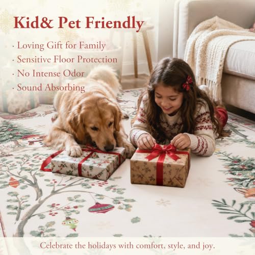 Beeiva 3' x 5' Beige Christmas Area Rug — Vintage Woodland Design, Non-Slip Backing