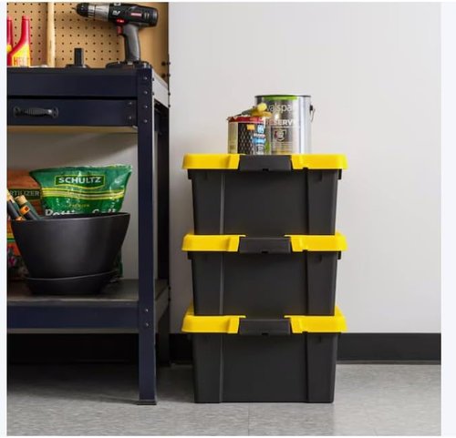 Heavy Duty Storage Tote - 12-Gallon Stackable Bins with Latching Lid | Black 3-Pack