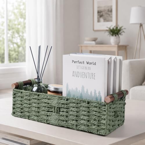 Round Paper Rope Storage Basket Wicker Organizer with Handle Green