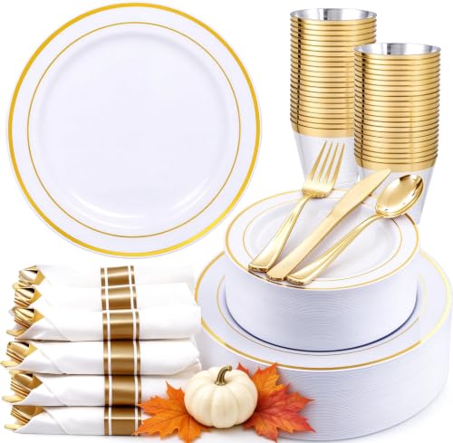 White & Gold 350-Piece Disposable Dinnerware Set for 50 Guests – 50 Dinner Plates, 50 Dessert Plates, 50 Forks, 50 Knives, 50 Spoons, 50 Napkins, 50 Cups (Roll-Up Napkins) - WDF Partyware