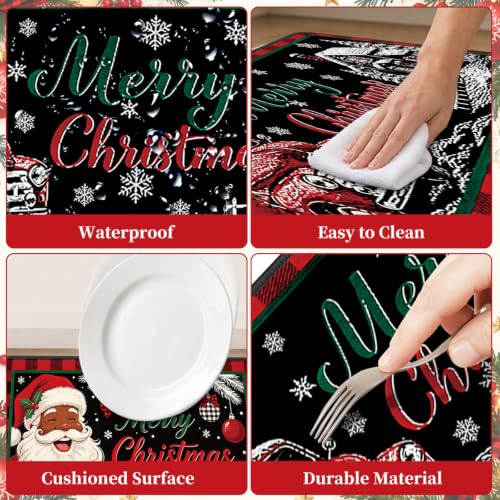 Christmas Kitchen Rugs and Mats Set - African American Santa Variation, 3-Piece Holiday Floor Mat Collection