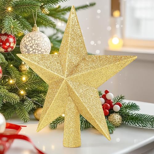 8-Inch Gold Glitter Christmas Tree Star Topper - Shatterproof 3D Ornament