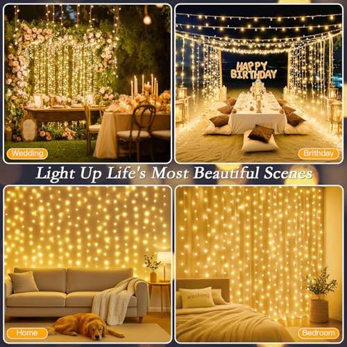 300 LED Warm White Curtain String Lights - 9.8x9.8FT, 8 Modes & Timer