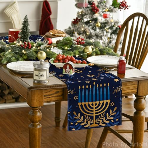Artoid Mode 13 x 72 Inch Watercolor Star Olive Hanukkah Table Runner – Blue