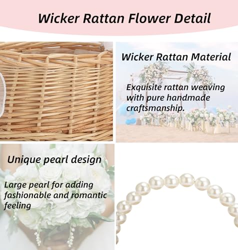 2PCS Wicker Flower Girl Basket and Wrist Corsage Set with Pearl Handle