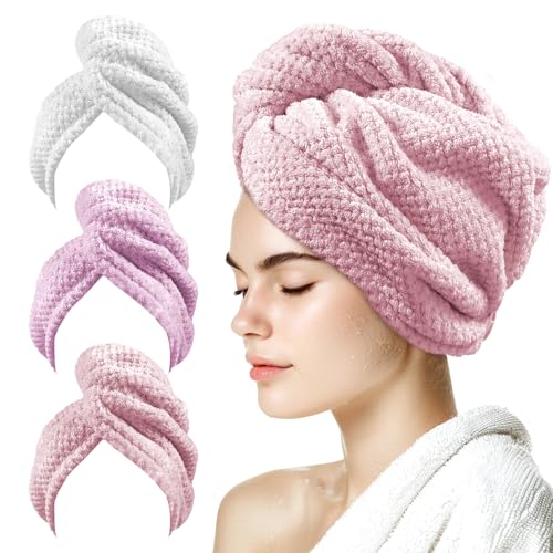 My Novel Things 3 Pack Microfiber Hair Towels for Curly Hair - Pink, White, Purple