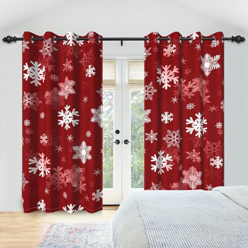 Red Christmas Snowflakes Blackout Curtains 52x84 in (Pack of 2) | Washable