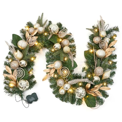 Prelit Christmas Garland with Champagne Gold Ornaments - 6 Ft Holiday Decor with Lights