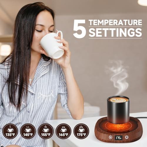 GNIYUIX Wood Grain Coffee Mug Warmer with 5 Temp & Auto Shut Off – Desk Beverage Heater