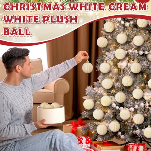 Menkxi 30 Pcs Cream White Velvet Christmas Ornaments, 2 Inch Flocked Balls – 6 Styles, Gold Hanging Cord