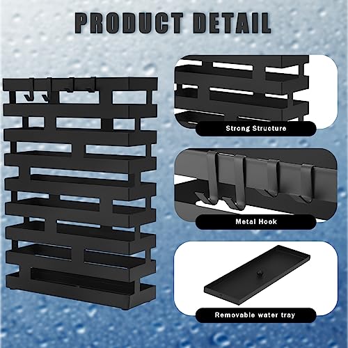 Modern Metal Umbrella Stand for Entryway with Water Tray and Hooks, Black