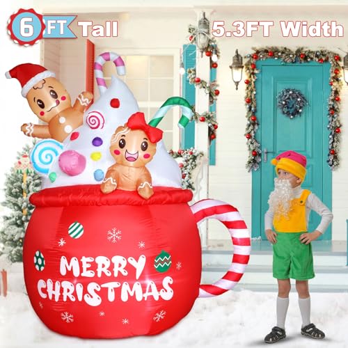 6FT Christmas Gingerbread Inflatable with LED Lights Hot Cocoa Mug & Candy Cane Yard Decor