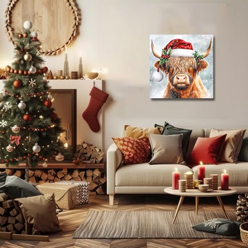 SWQYLB Christmas Highland Cow Canvas Wall Art 24x24 White Framed Farmhouse Decor