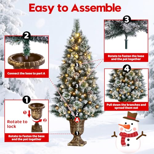 4ft Pre-Lit Artificial Christmas Tree with Gold Pot and Flocked Snow