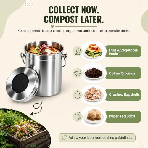 Epica Silver Kitchen Compost Bin 1.3 Gallons - Odor-Free Countertop Organizer
