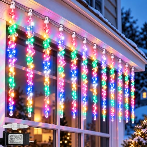 Pooqla Icicle Lights Outdoor Christmas 12 Tubes 120 LED Colorful with 8 Modes