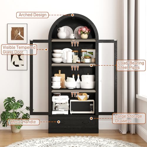 75" Tall Arched Kitchen Pantry Cabinet with Glass Doors and Drawer