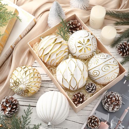 Soulchen White Gold Christmas Ornaments 4-inch Shatterproof Holiday Decor Set of 6