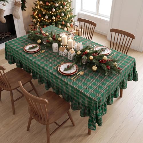 Romanstile Christmas Green Plaid Tablecloth with 6-Inch Ruffle, 60 x 120 inches