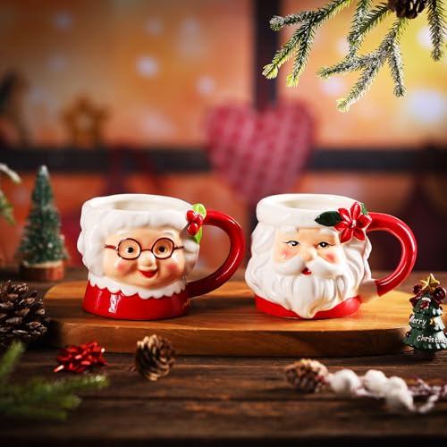 Willinglong 2 Pcs Santa Mugs – 10 oz Classic White Ceramic Christmas Cups (White, Pack of 2)