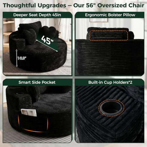56-Inch Oversized Round Chaise Lounge Chair with Cup Holders & Side Pockets