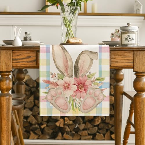 Artoid Mode 13x108 Inch Pink Blue Buffalo Plaid Bunny Ear Foot Flower Easter Table Runner