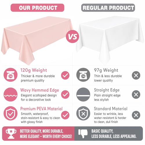 3 Pcs Light Pink Plastic Tablecloths, 54x108 Inch Scalloped Rectangle Covers