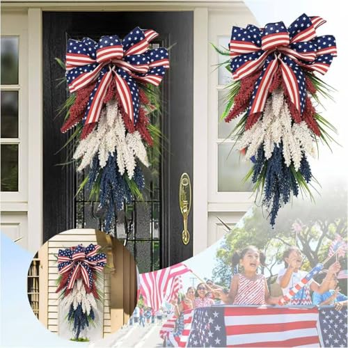 20-Inch Patriotic Door Swag, Red White and Blue Floral Wreath for Front Door