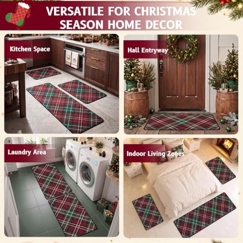 Willinglong 3-Piece Red & Green Tartan Plaid Christmas Kitchen Mats Set (Red/Green Plaid) - 16.9 x 29.9in + 16.9 x 46.9in Runner