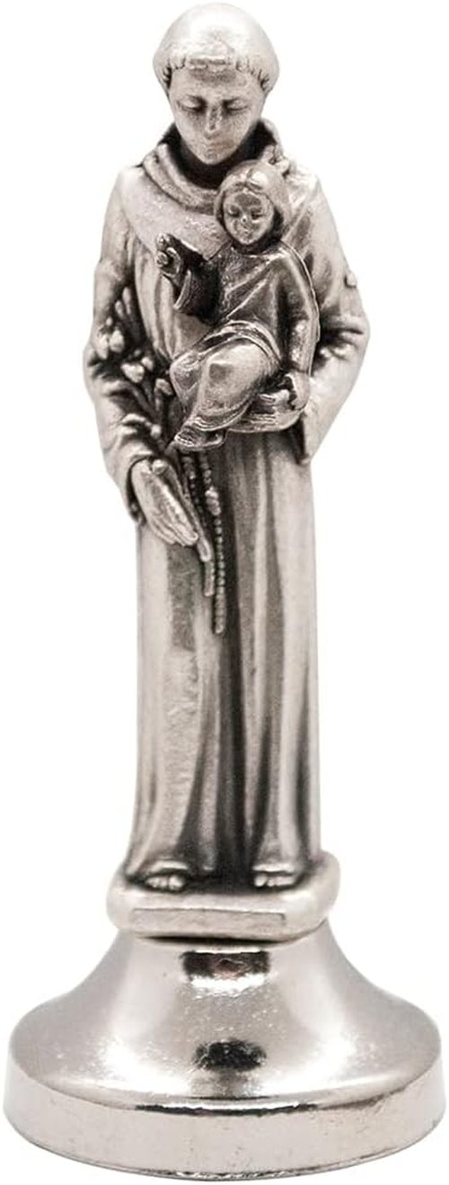 Mini Saint Statue - Classic Christian Figurine | Silver-Tone Metal | Easy Car Dash Attachment | Made in Italy (St. Anthony)