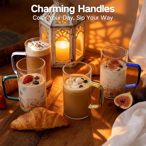 COMI 17oz Borosilicate Glass Mugs Set of 4 with Colorful Handles