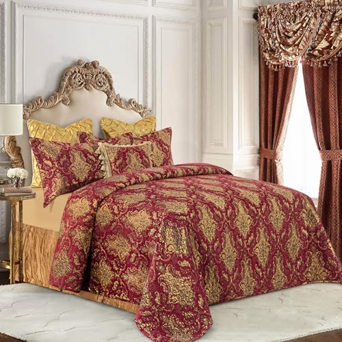 Loom and Mill King Damask Quilt Set - Classic Red Bedding, 3-Piece