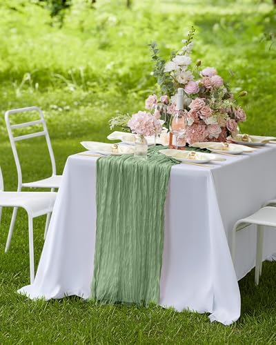Pureegg 12 Pack Sage Green Cheesecloth Table Runner 120 Inch for Wedding Party and Events