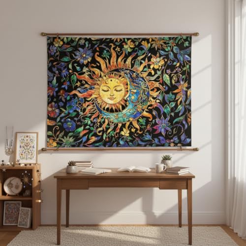 Sun and Moon Stained Glass Wall Tapestry - Boho Vintage Floral Wall Hanging