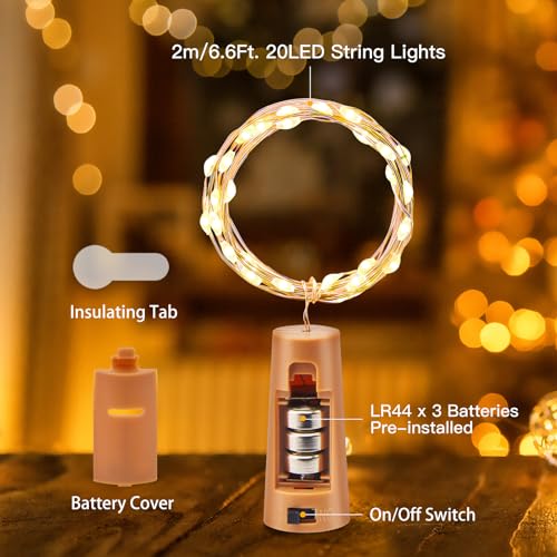 10-Pack Battery-Operated Wine Bottle Cork Lights - 20 LED Warm White