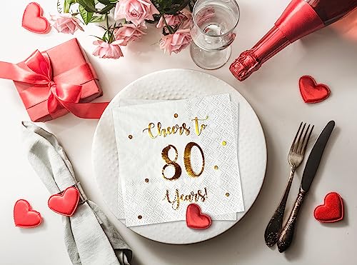 Cheers to 80 Years Cocktail Napkins - Gold Foil 80th Birthday Party Supplies