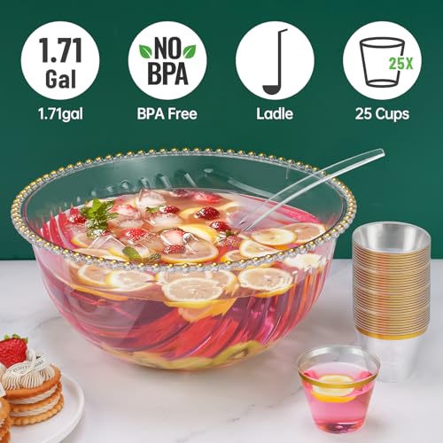 Large 1.7 Gallon Punch Bowl Set with Ladle and 25 Gold-Rimmed Cups