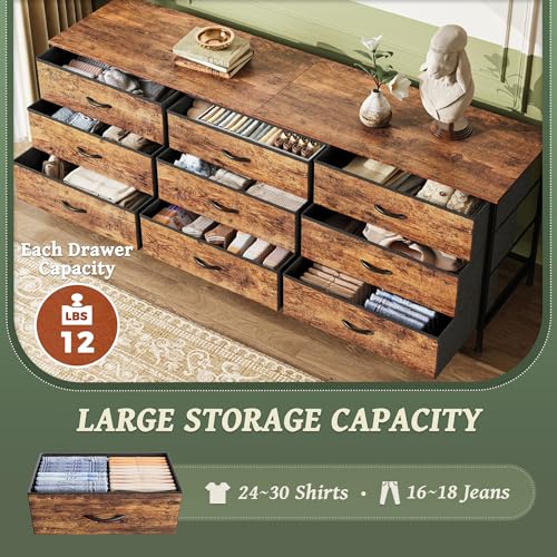 63-Inch Wide Dresser with 9 Fabric Drawers, Rustic TV Stand for Bedroom