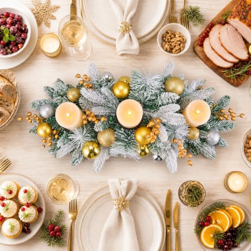 Hotop 27-Inch Christmas Candle Holder Centerpiece with Gold & Silver Balls, Snow-Flocked Pine Branches, and 3 Metal Candleholders - Holiday Table Decor