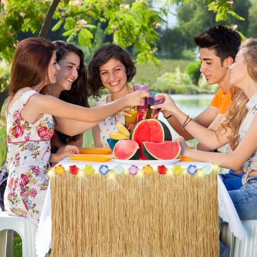 2-Pack Luau Grass Table Skirts with LED String Lights for Tropical Parties
