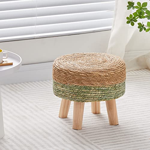 Round Hand-Woven Seagrass Ottoman with Pine Legs - Natural Footstool