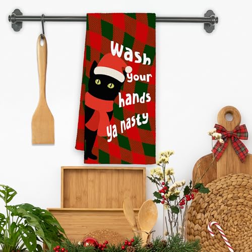 Christmas Black Cat Santa Hat Kitchen Towels - Red & Green Checkered Hand Towels, 16x24in, Gift for Cat Lovers