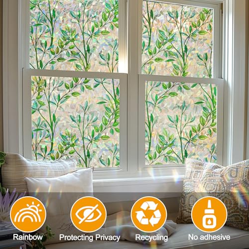 Rainbow Leaf Window Privacy Film - Decorative Non-Adhesive Clings (17.5 x 78.7 in)